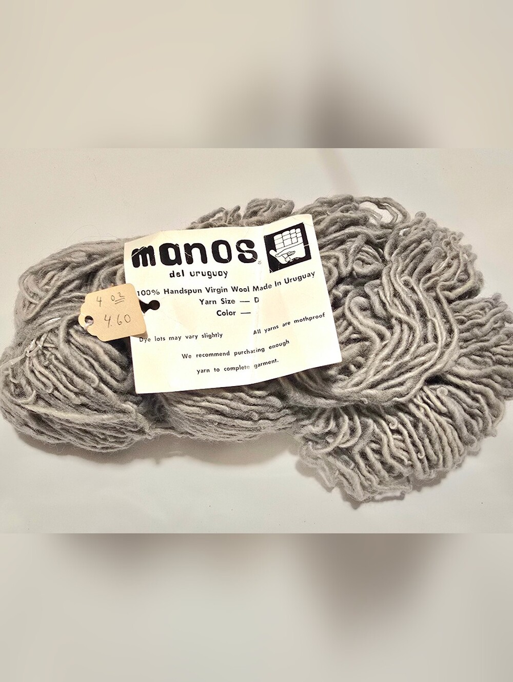 VTG 1970s/80s Manos del Uruguay Handspun Virgin Wool Yarn - Light Gray 4 Oz